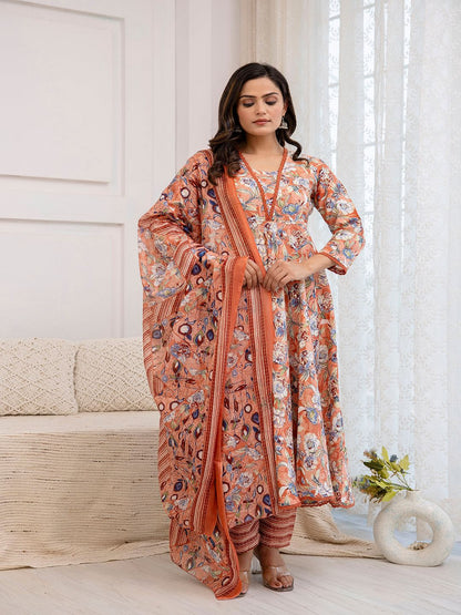 Peach Floral Printed Anarkali Kurta And Trouser With Dupatta
