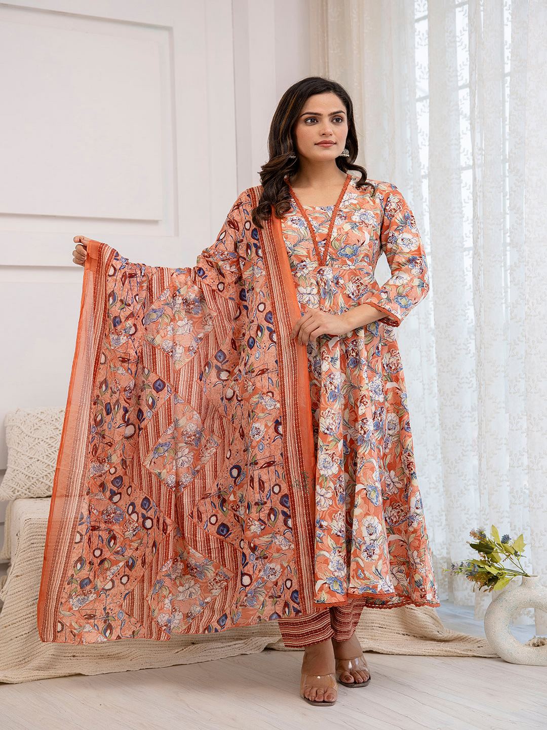 Peach Floral Printed Anarkali Kurta And Trouser With Dupatta
