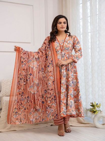 Peach Floral Printed Anarkali Kurta And Trouser With Dupatta