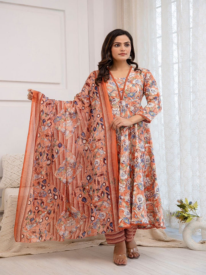 Peach Floral Printed Anarkali Kurta And Trouser With Dupatta