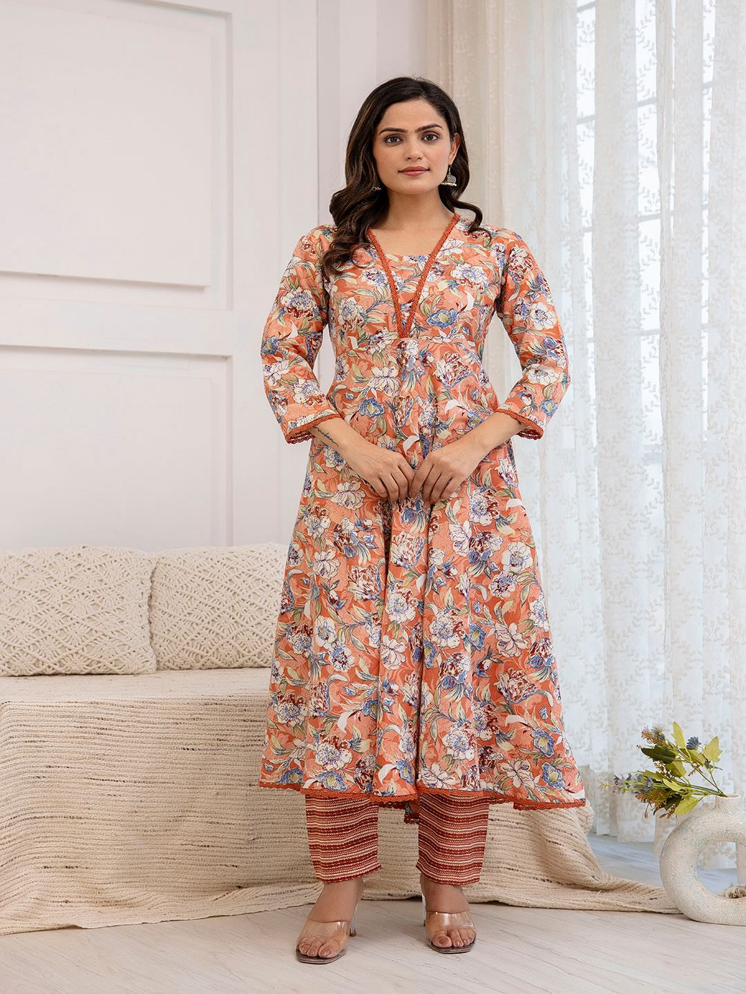 Peach Floral Printed Anarkali Kurta And Trouser With Dupatta