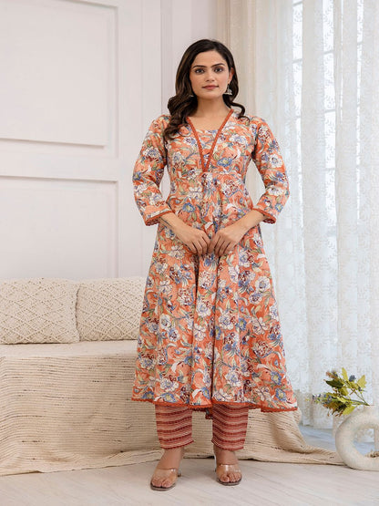 Peach Floral Printed Anarkali Kurta And Trouser With Dupatta