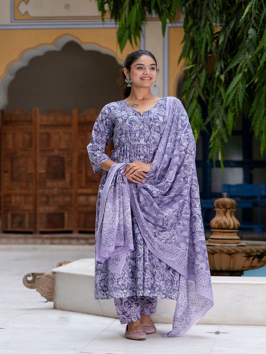 Purple Printed Anarkali Kurta Set With Dupatta For Women