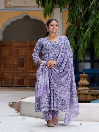 Purple Printed Anarkali Kurta Set With Dupatta For Women