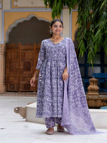 Purple Printed Anarkali Kurta Set With Dupatta For Women
