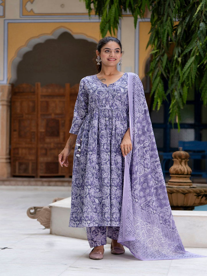Purple Printed Anarkali Kurta Set With Dupatta For Women