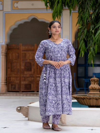 Purple Printed Anarkali Kurta Set With Dupatta For Women