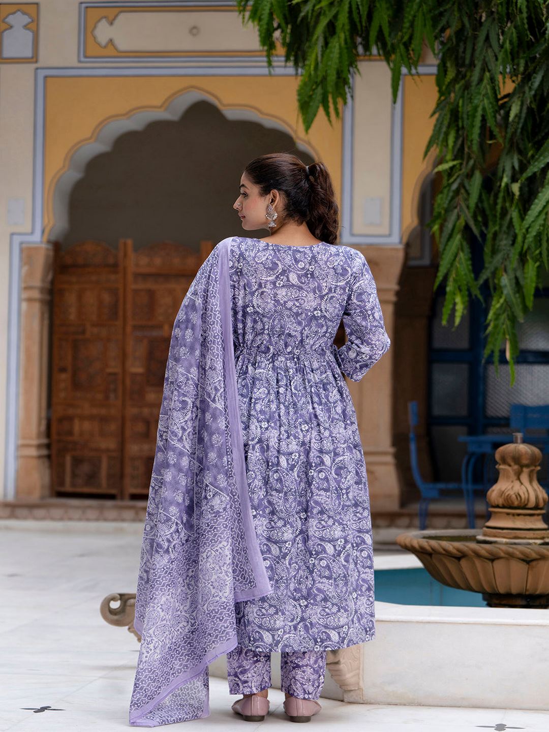 Purple Printed Anarkali Kurta Set With Dupatta For Women