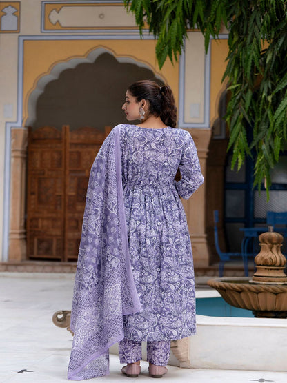 Purple Printed Anarkali Kurta Set With Dupatta For Women