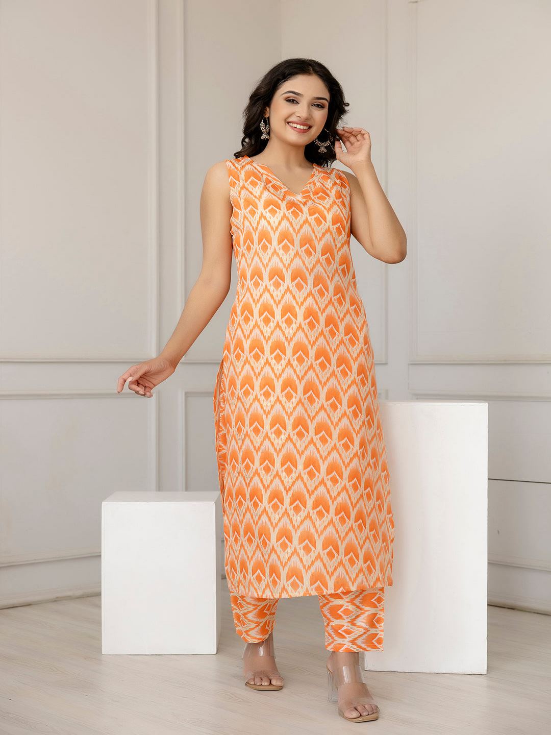 Orange Color Printed Straight Kurta With Trouser