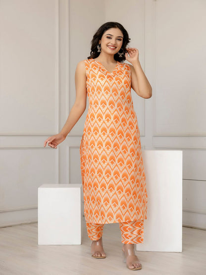 Orange Color Printed Straight Kurta With Trouser