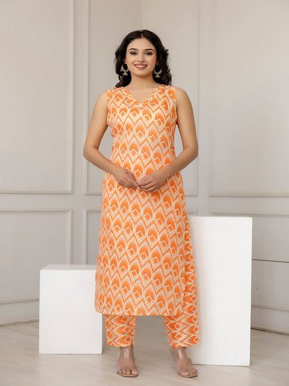 Orange Color Printed Straight Kurta With Trouser
