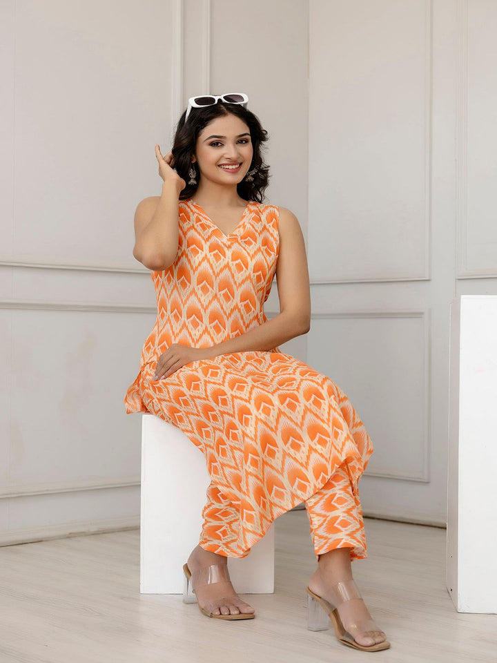 Orange Color Printed Straight Kurta With Trouser