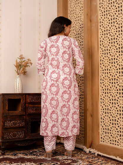 Mauve Floral Printed Straight Kurta And Trouser With Dupatta