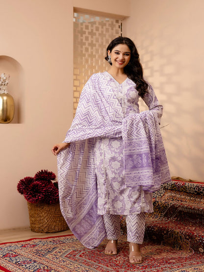 Lavender Floral Printed Straight Kurta And Trouser With Dupatta