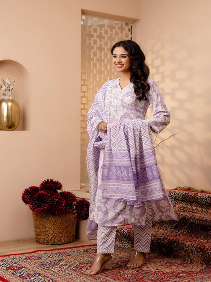 Lavender Floral Printed Straight Kurta And Trouser With Dupatta