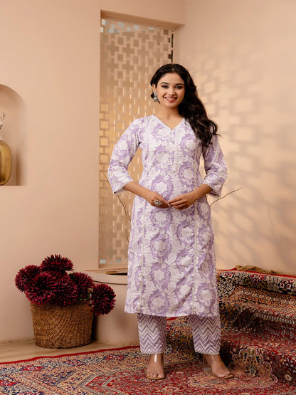 Lavender Floral Printed Straight Kurta And Trouser With Dupatta