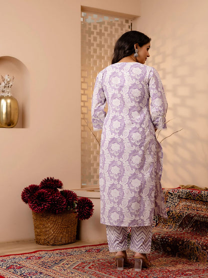Lavender Floral Printed Straight Kurta And Trouser With Dupatta