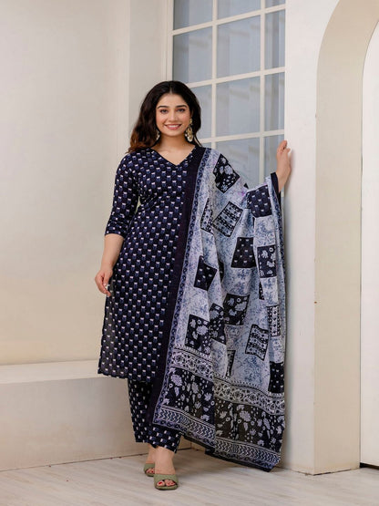 Black Ethnic Printed Kurta And Trouser With Dupatta