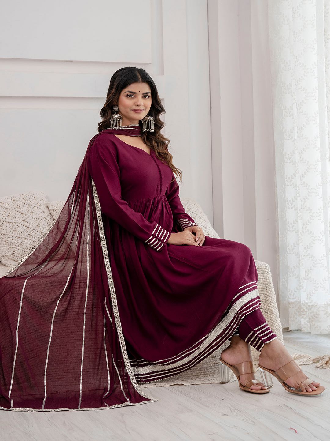 Burgundy Anarkali Kurta And Trouser With Dupatta