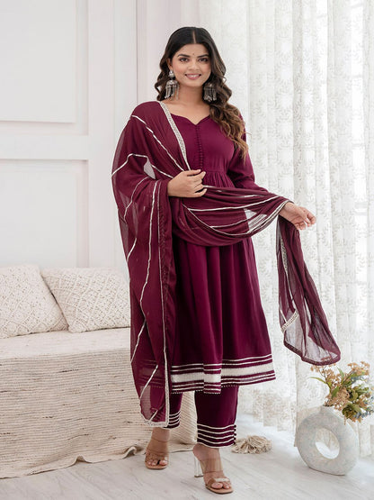 Burgundy Anarkali Kurta And Trouser With Dupatta