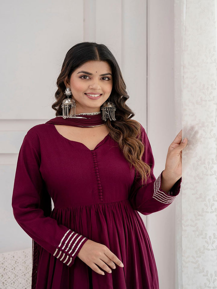 Burgundy Anarkali Kurta And Trouser With Dupatta