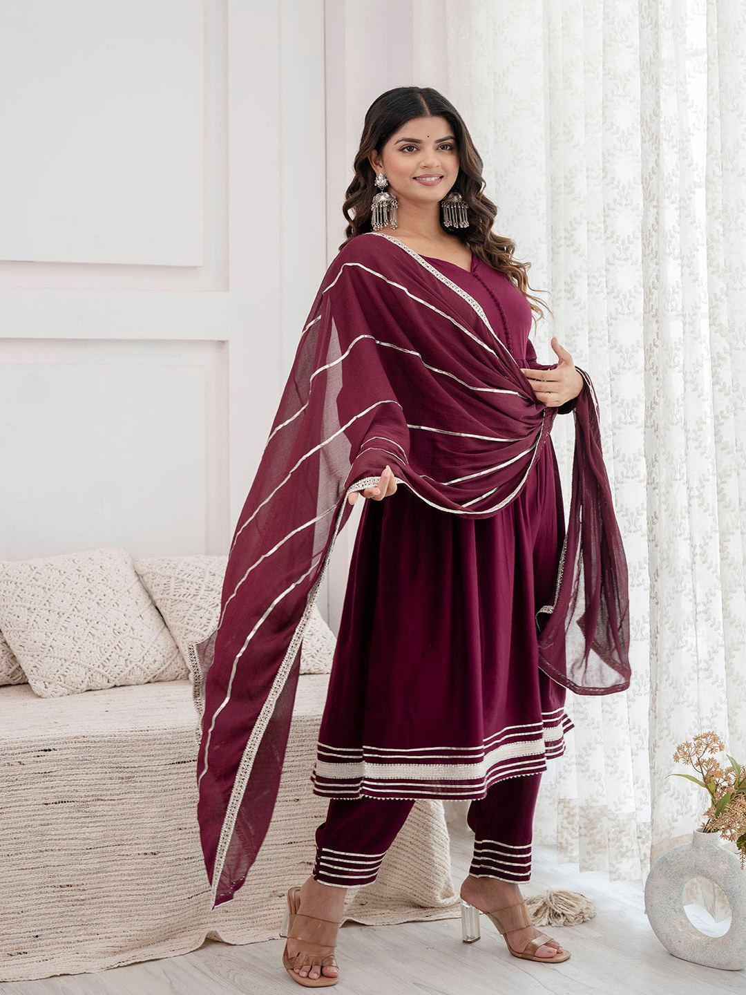 Burgundy Anarkali Kurta And Trouser With Dupatta