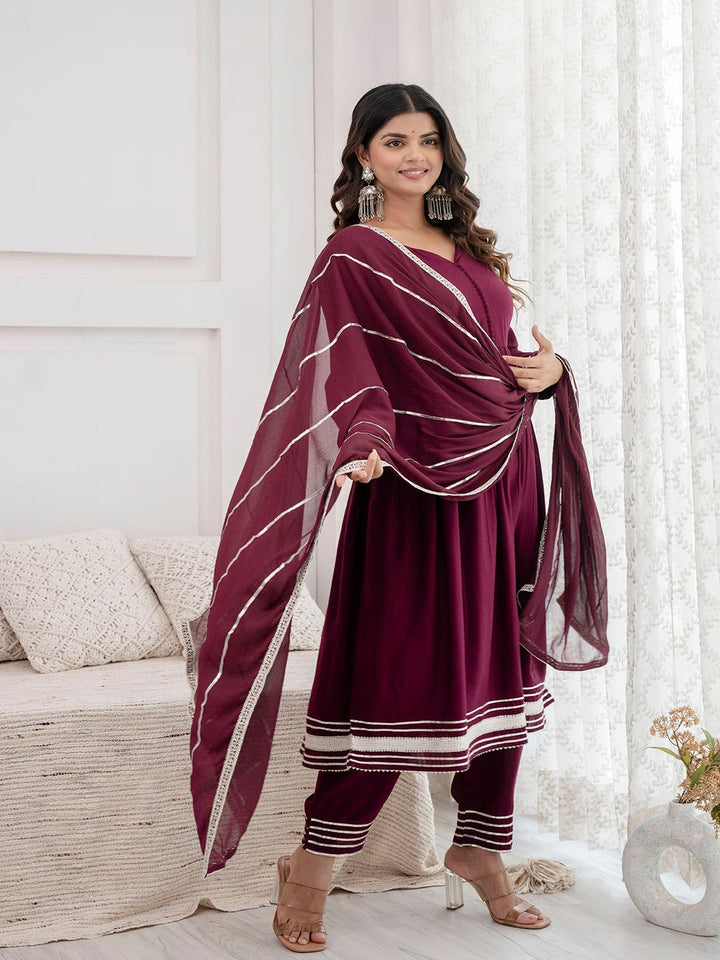 Burgundy Anarkali Kurta And Trouser With Dupatta