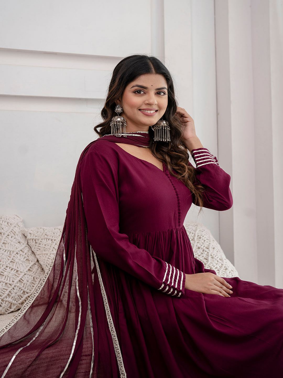 Burgundy Anarkali Kurta And Trouser With Dupatta