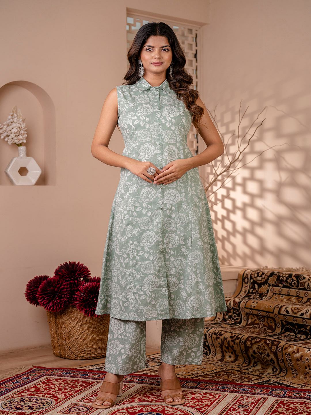 Green Printed A-Line Kurta With Trouser