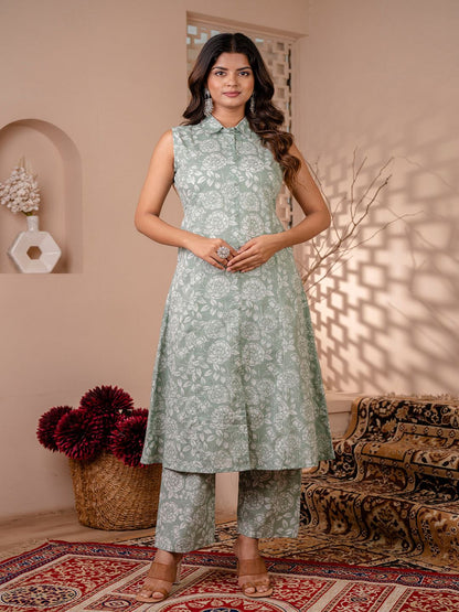Green Printed A-Line Kurta With Trouser