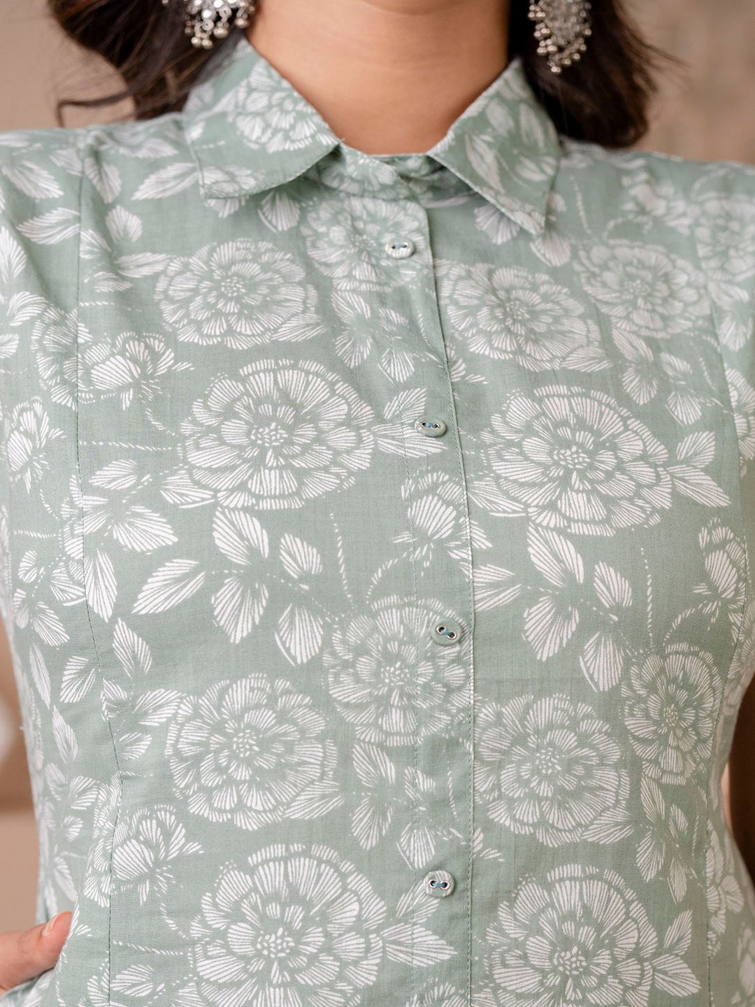 Green Printed A-Line Kurta With Trouser