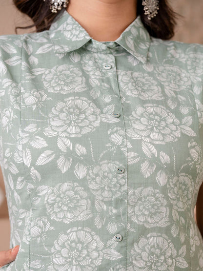 Green Printed A-Line Kurta With Trouser