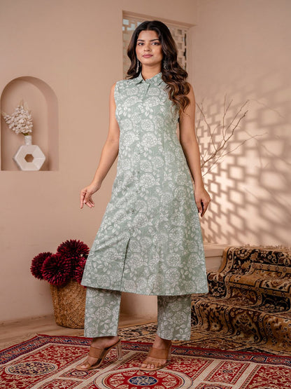 Green Printed A-Line Kurta With Trouser