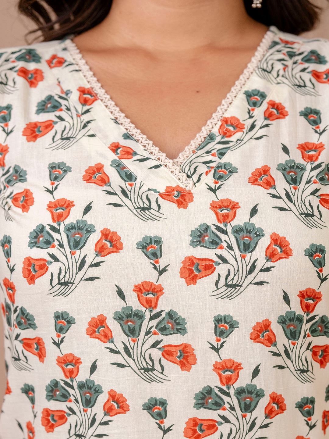 Off White Printed Straight Kurta With Trouser