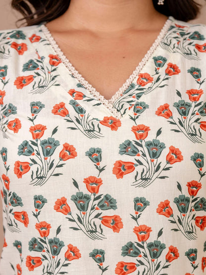 Off White Printed Straight Kurta With Trouser