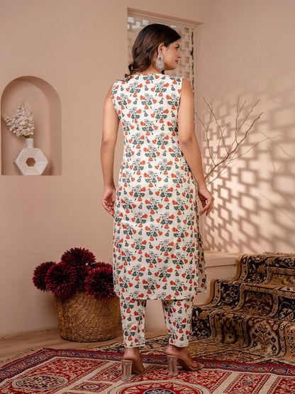 Off White Printed Straight Kurta With Trouser