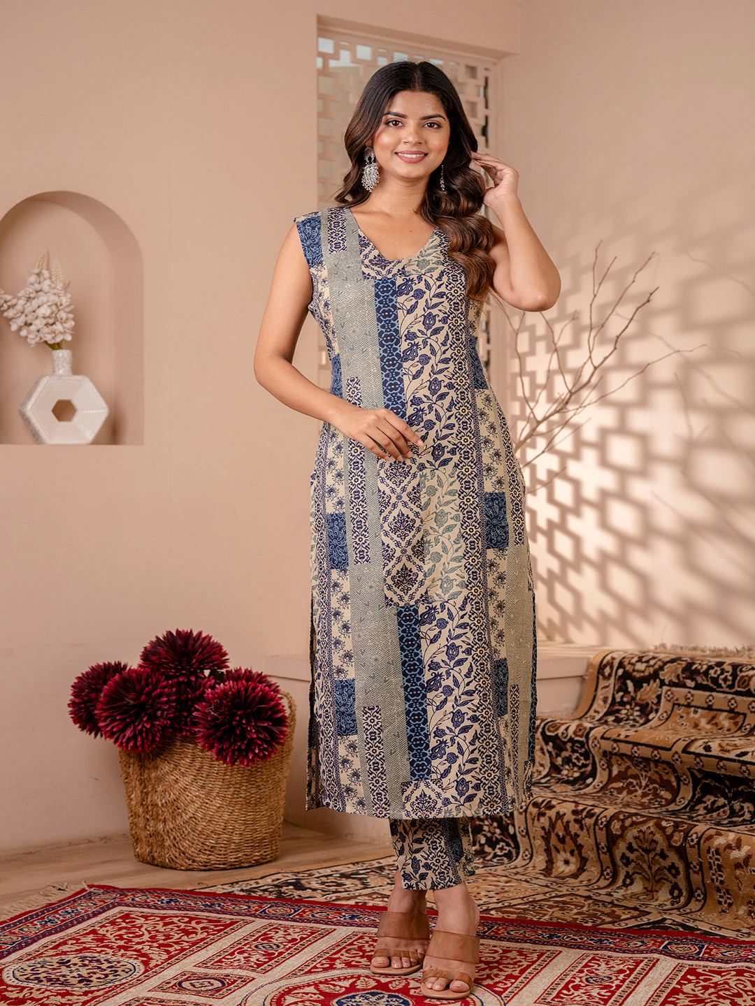 Blue Printed Kurta With Trouser