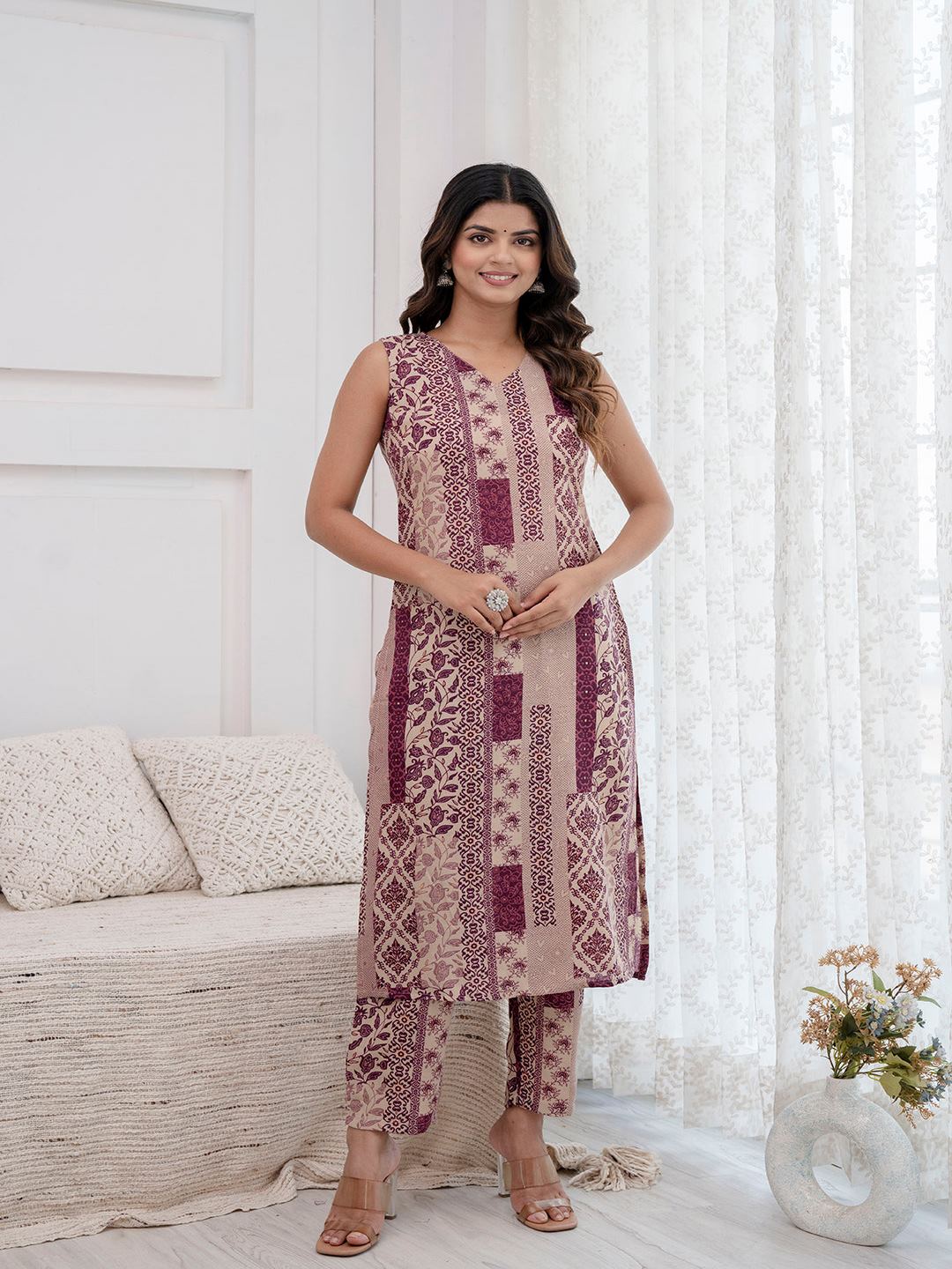 Purple Printed Kurta With Trouser