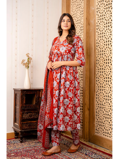 Maroon Floral Printed Anarkali Kurta And Trouser With Dupatta