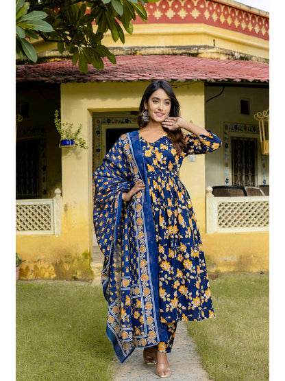 Navy Blue Printed Anarkali Kurta Set With Dupatta