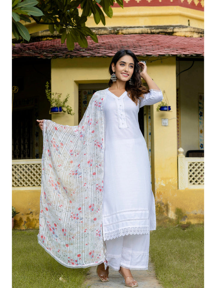 Pure White Straight Kurta Set With Printed Dupatta