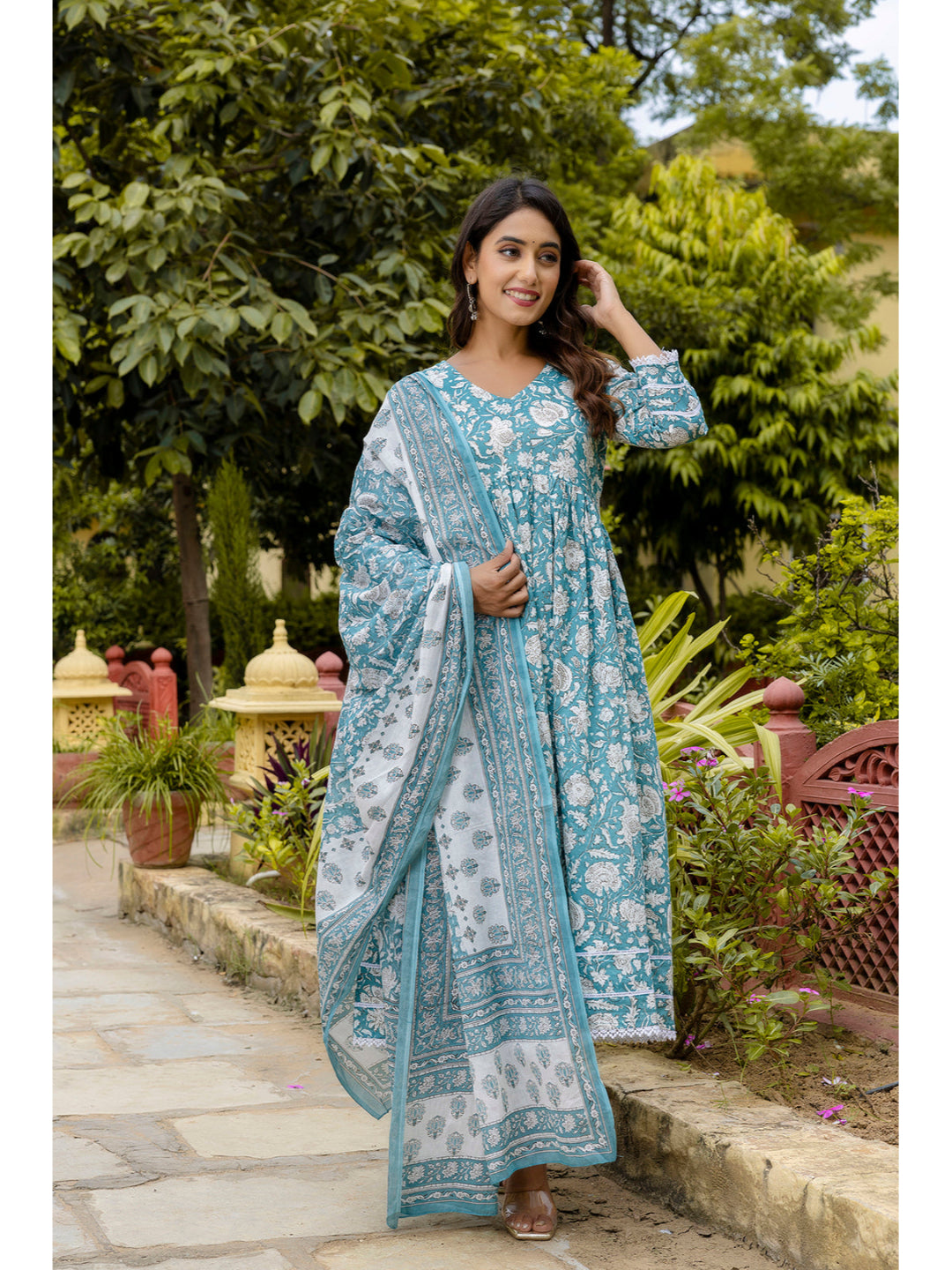 Blue Printed Anarkali Kurta Set With Dupatta