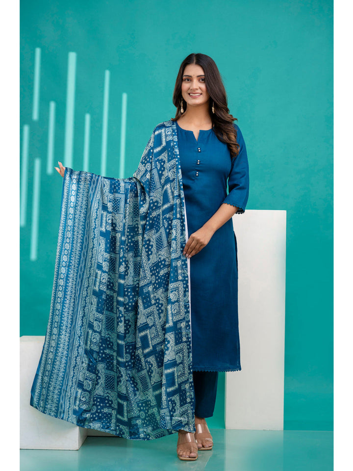 Teal Blue Straight Kurta Set With Printed Dupatta