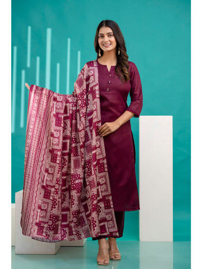 Burgundy Straight Kurta Set With Printed Dupatta