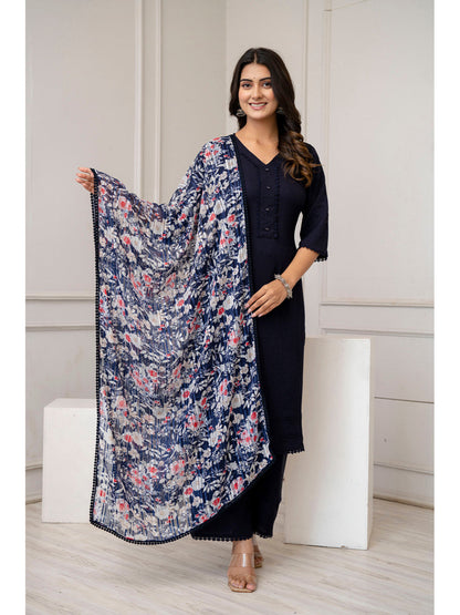 Navy Blue Straight Kurta Set With Printed Dupatta