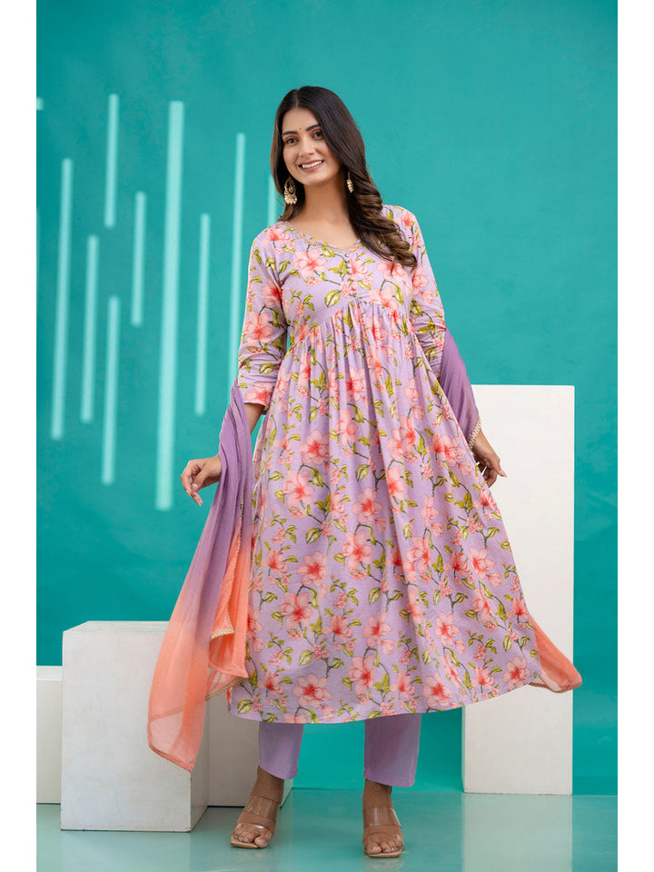 Lavender Printed Anarkali Kurta Set With Dupatta