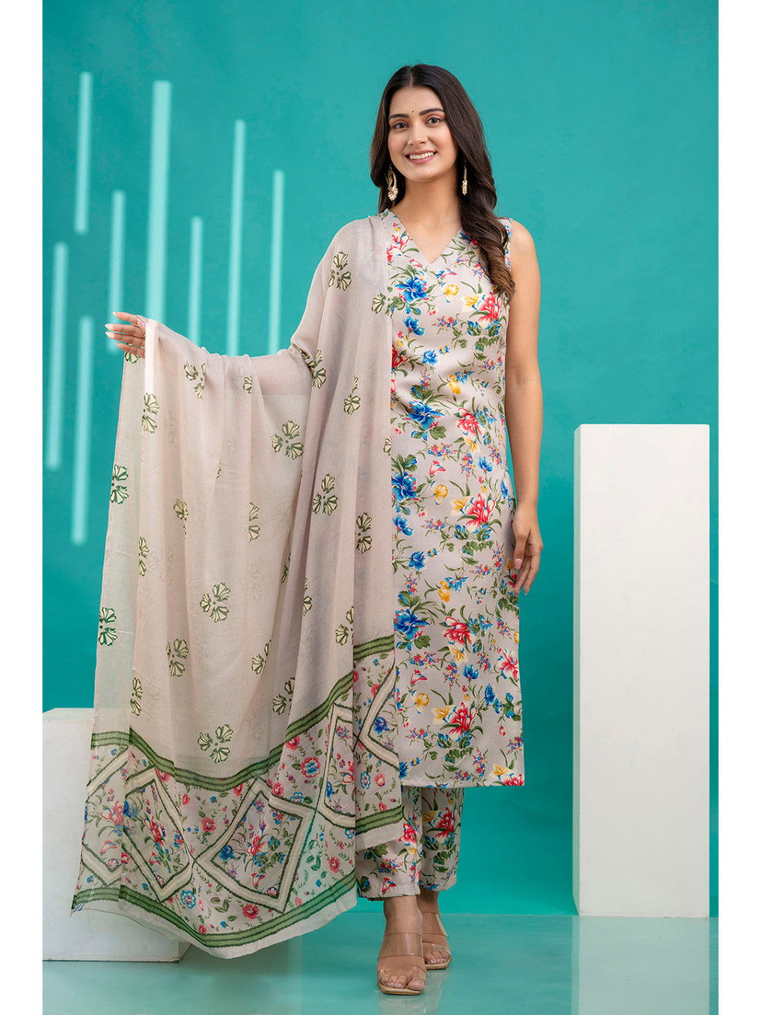 Beige Printed Kurta With Trouser And Dupatta