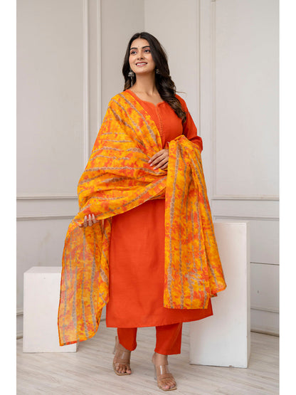Orange Straight Kurta Set With Printed Dupatta