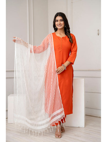 Orange Straight Kurta Set With Net Dupatta